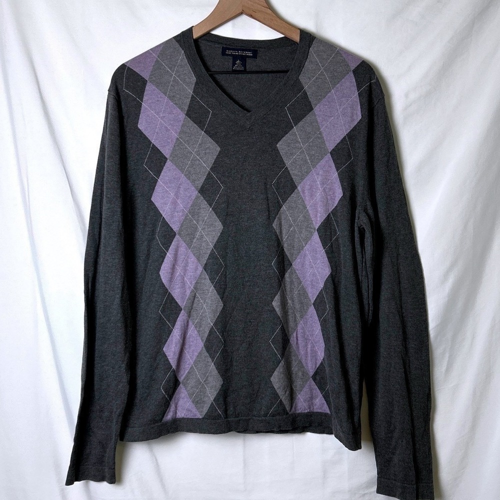 Banana Republic Silk Cotton Cashmere Blend Argyle Sweater Size L Gray Purple